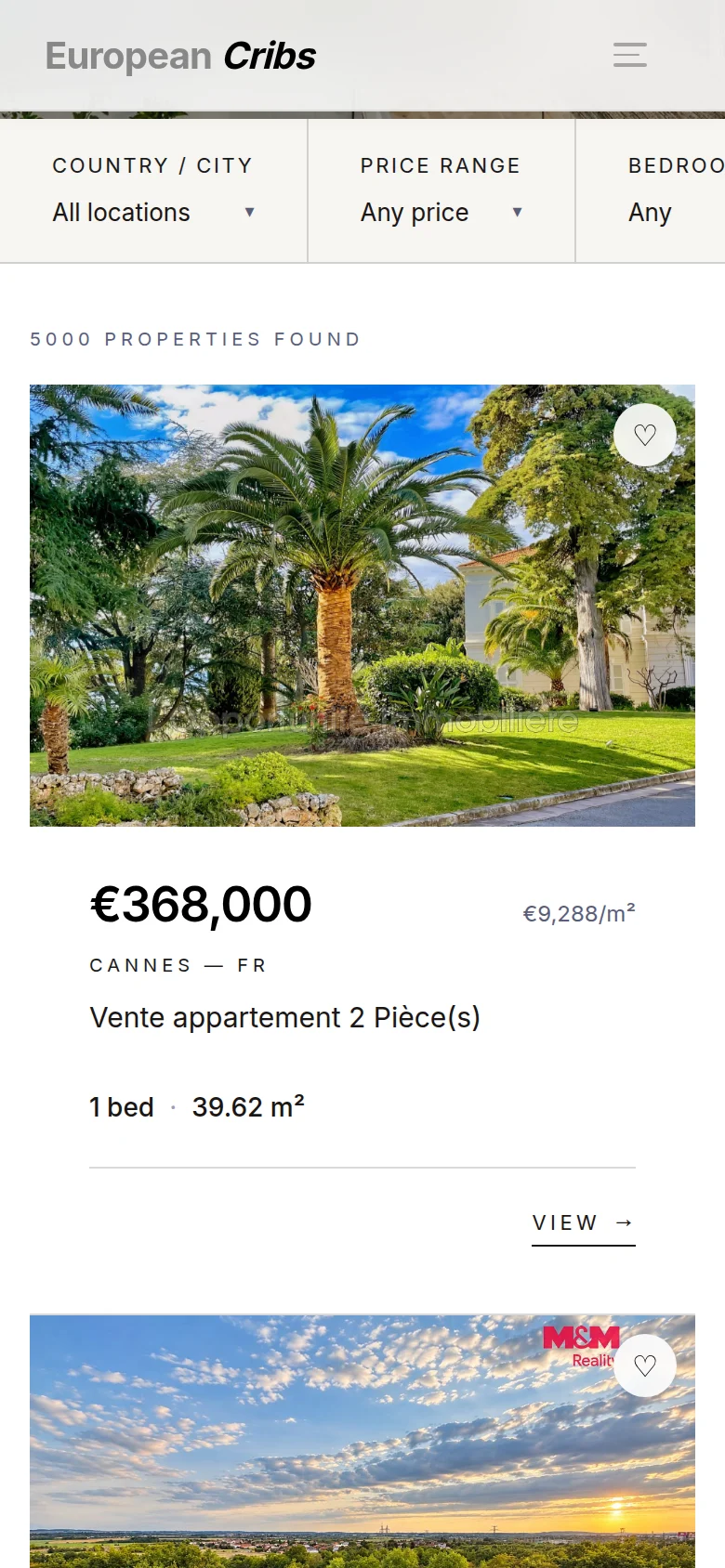 European Cribs property search on a phone with filters