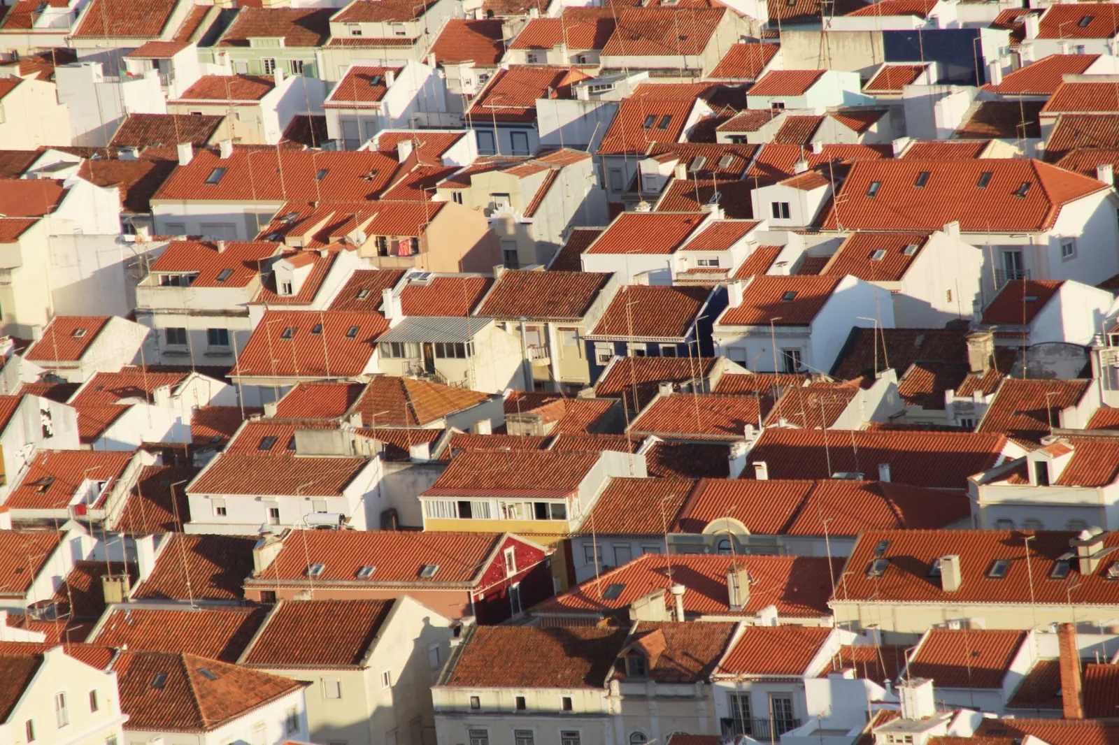 Aerial view of red-tiled rooftops in Nazaré, Portugal creating a vibrant urban mosaic.